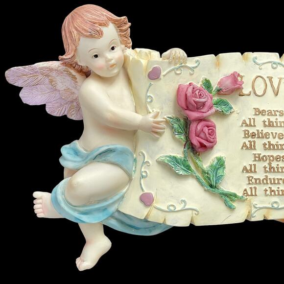 Vintage Cherub Wall Plaque 3D Angels Holding Love Scroll Art Hanging Decor - Picture 4 of 8